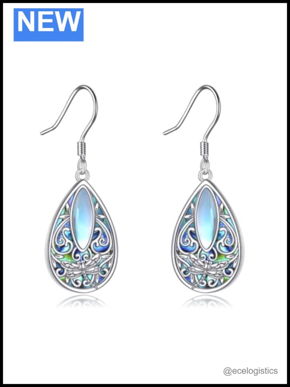 Sterling Silver Filigree Dragonfly Dangle Earrings Moonstone Abalone Celtic